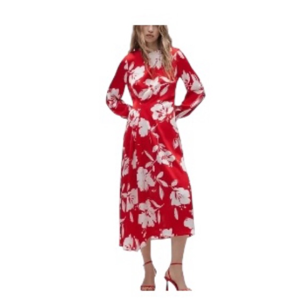 ZARA Red White Floral Bishop Sleeve Long Sleeve Midi Dress Size Small